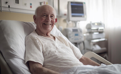 Fototapeta premium Elderly man smiling in a hospital bed with medical equipment in the background.