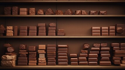 Assorted chocolate bars displayed on wooden shelf in front of full shelf delicious cocoa treats collection for sweet tooths.