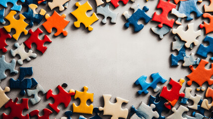 Flat lay of puzzle pieces scattered on clean background, ideal for problem-solving or creative content