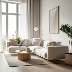 Home mockup, white luxury minimalist living room interior, 3d render

