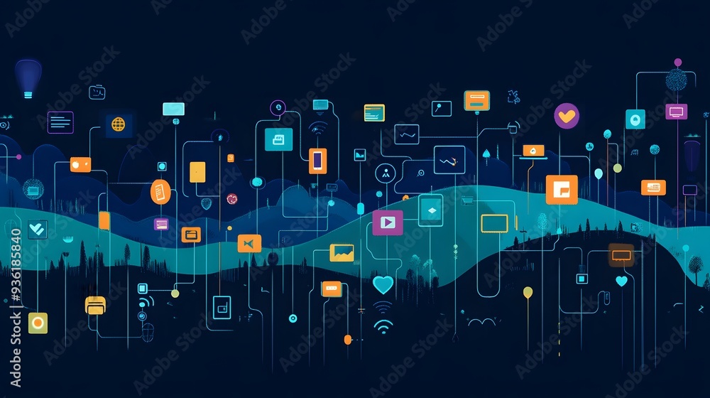 Poster 23. a digital landscape with floating icons representing various online services and data flows