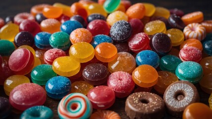 Fototapeta premium A lots of candies, jellies, and sweets arranged, Colorful candies.