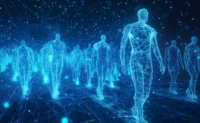 Digital figures walking in a networked virtual environment.
