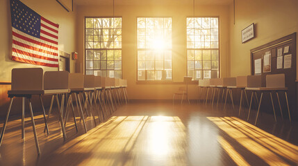 High-resolution image of empty polling station with voting booths, sunlight, and American flag