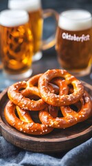 A glass of beer and a plate of pretzels with the word "Otobersfest" written on the glass