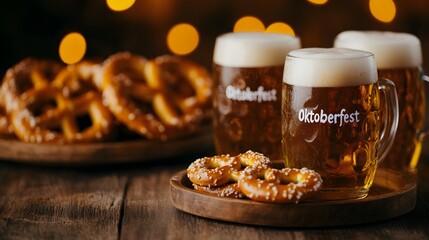 A glass of beer and a plate of pretzels with the word "Otobersfest" written on the glass