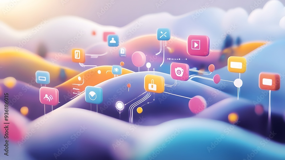Poster 23. a digital landscape with floating icons representing various online services and data flows