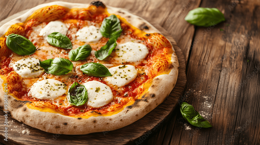 Wall mural rustic pizza with fresh basil and mozzarella on wooden table, space for pizzeria promotion or recipe