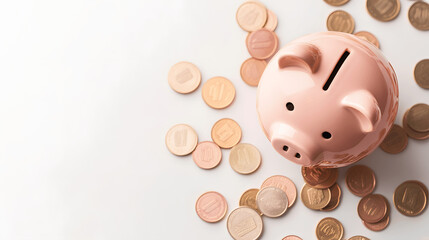 Piggy bank with scattered coins on light background, perfect for financial savings or budgeting content