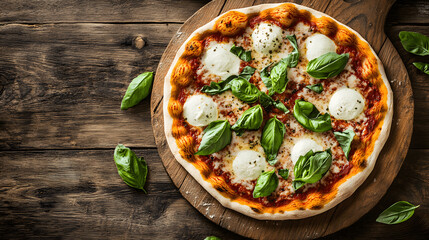 Rustic pizza with fresh basil and mozzarella on wooden table, space for pizzeria promotion or recipe card
