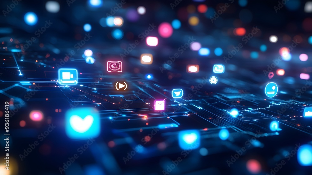 Poster 23. a digital landscape with floating icons representing various online services and data flows
