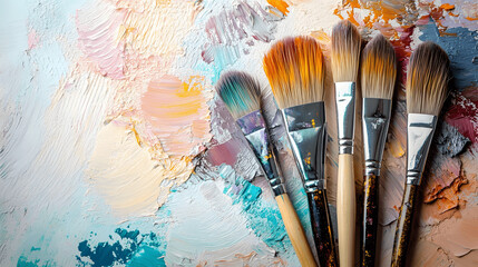 Obraz premium Paintbrushes and palette on clean background with copy space for art or DIY projects