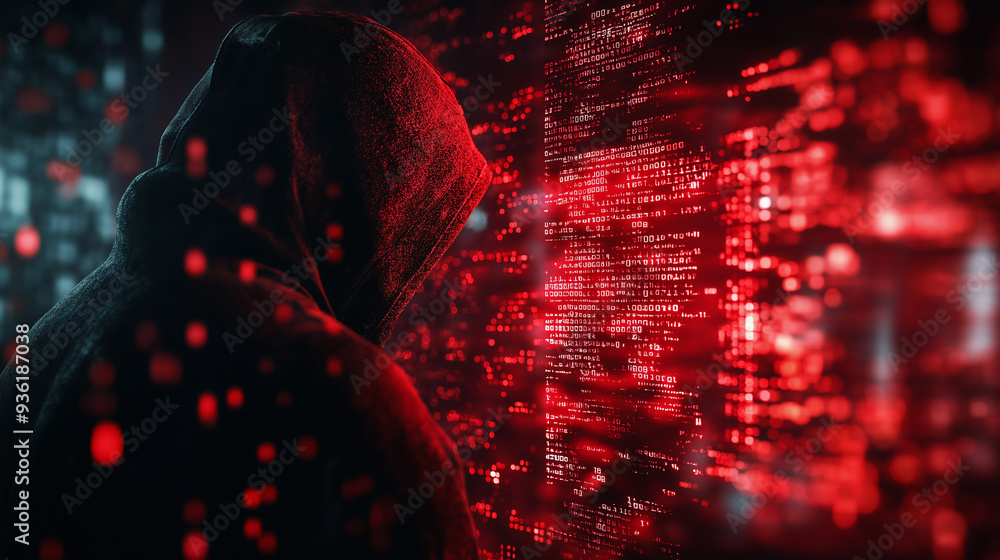 Poster hooded figure surrounded by red digital codes in a dark environment.