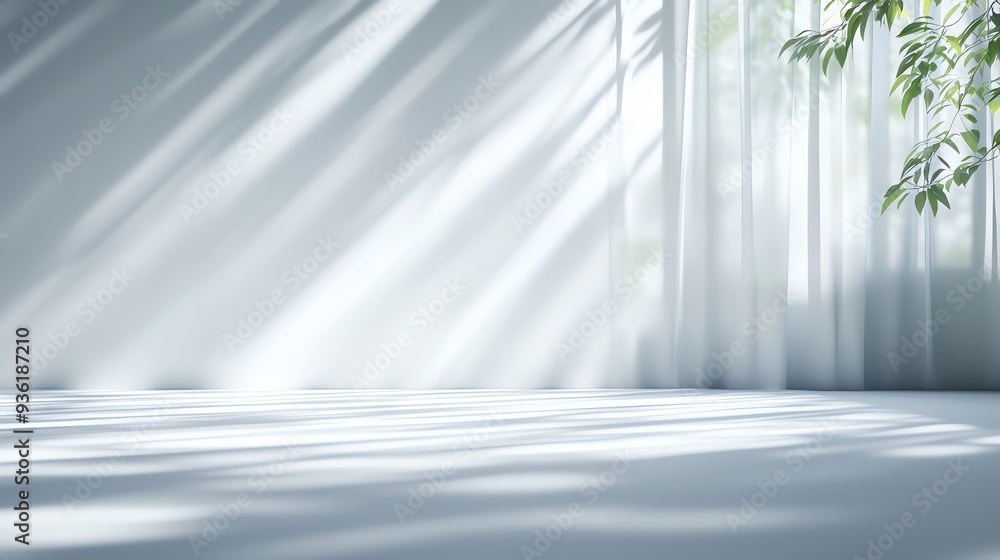 Poster a serene interior scene with soft light filtering through sheer curtains, creating a calming atmosph