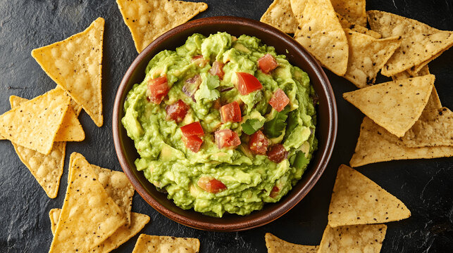 Guacamole with tortilla chips on dark background, top view with copy space for recipe