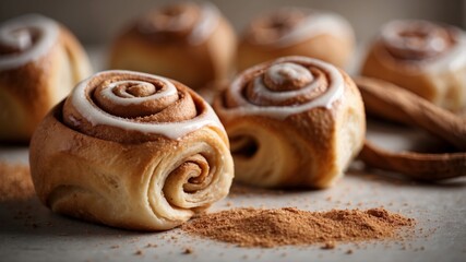 Fototapeta premium Tasty cinnamon rolls and ground cinnamon, sliced.