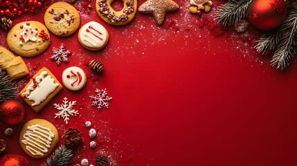 Holiday cookie assortment on festive background, top view with copy space for greeting or recipe