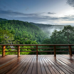  wooden balcony with a vibrant green forest as the background. The rich wood grain of the balcony should contrast beautifully with the lush greenery, evoking a sense of tranquility and connection to 