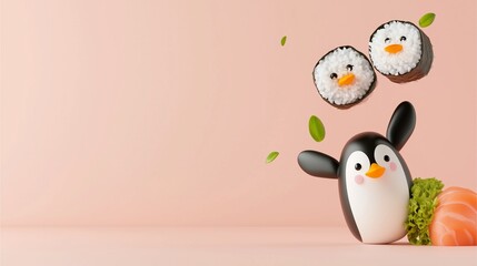 Naklejka premium Sushi Rolls in the form of Cute Animals: Cute penguin figurine with sushi and leaves against a pink background.
