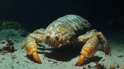 4K Realistic Giant isopod scuttling on deep sea floor, alien-like appearance,