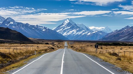 Straight road with mountain and blue sky. Aesthetic journey wallpaper.