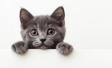 Fototapeta premium Gray kitten peeking over a white surface with big curious eyes.