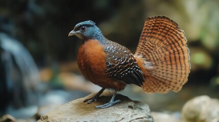 4K Realistic Lyrebird mimicking various sounds, tail feathers displayed,
