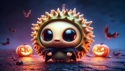 Fototapeta premium Spooky Durian Character with Bat Wings in a Halloween Pumpkin Patch