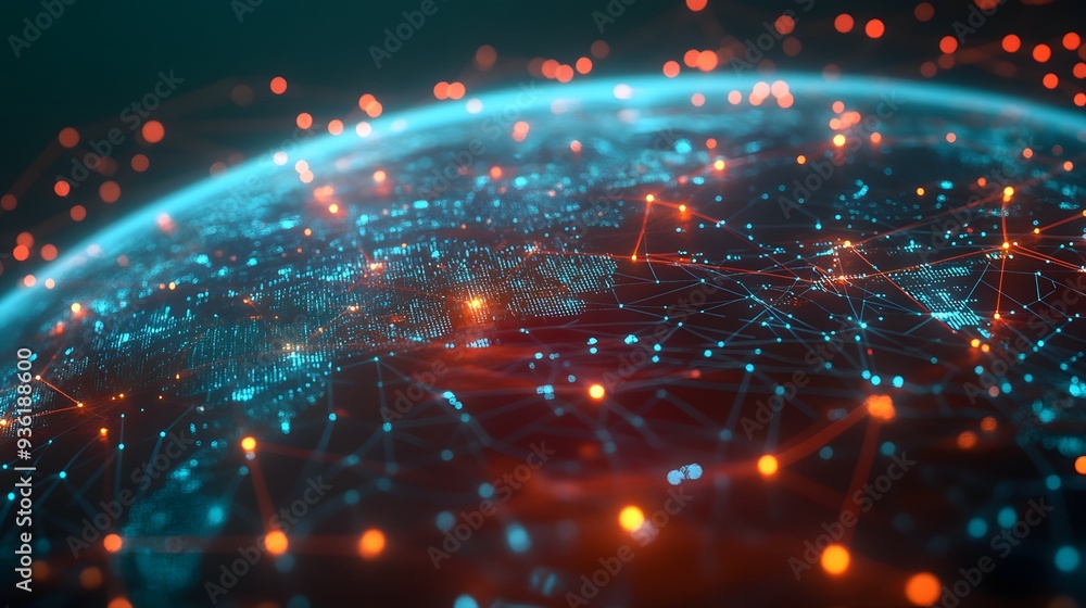 Poster 26. a 3d representation of a global internet network with illuminated data routes and server nodes