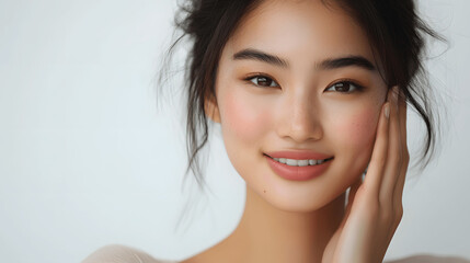 Asian woman with glowing skin and minimal makeup, touching cheek and smiling, clean white backdrop