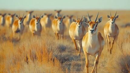 4K Realistic Saiga antelope herd migrating across Kazakh steppe, unique snouts,