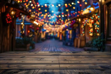 Fototapeta premium Wooden tabletop, blurry background of colorful decorated street, vibrant atmosphere, bright lights, ample copy space, festive setting