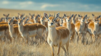 Naklejka premium 4K Realistic Saiga antelope herd migrating across Kazakh steppe, unique snouts,
