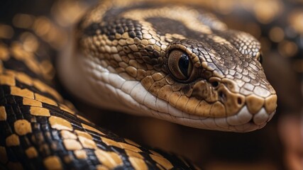 A closeup of the head as well as body of an exotic snake, its scales shimmering under warm light.
