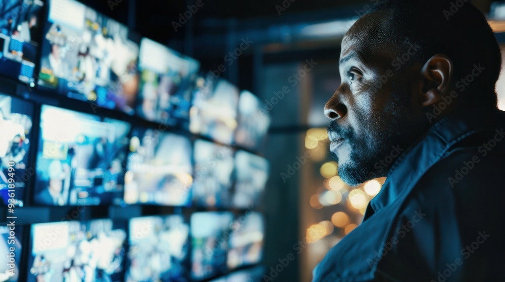 Poster close-up of a security guard monitoring surveillance screens in a control room.