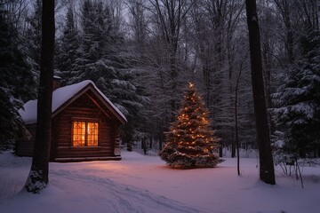 A cabin in the woods with a Christmas tree in the yard. Christmas background