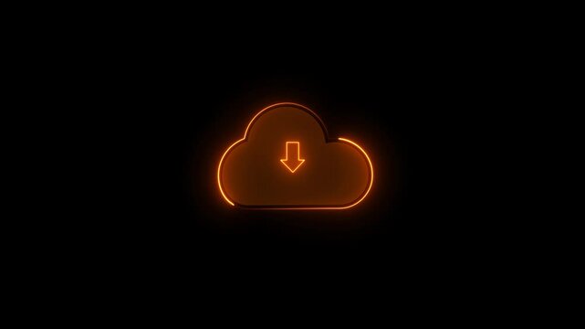 Cloud computing glowing neon Downloading icon animation on black background. Downloading icon concept