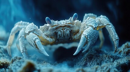 4K Realistic Yeti crab near hydrothermal vent, deep sea ecosystem,
