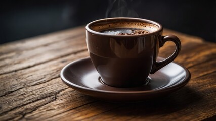 Fototapeta premium One cup of coffee onend one piece of donerk chocolonete on one wooden toneble.