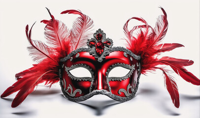 A red masquerade mask with feathers and silver accents lies on a white surface