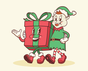 Christmas Groovy Santa Elf and Gift Box Retro Characters. Cartoon Xmas Personage Illustration. Vector Winter Holiday Mascot Template Background. Happy Vintage Cool Drawing Isolated