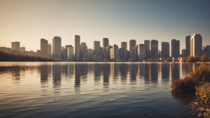 Obraz premium A Lake With A City Skyline In The Background.
