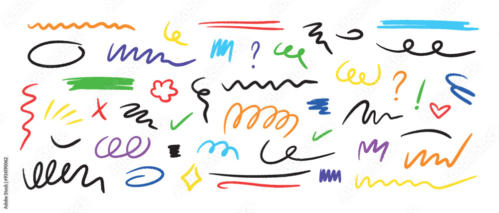 Poster marker scribble elements collection. grunge hand drawn icons, strokes, underlines, wave brush marks.
