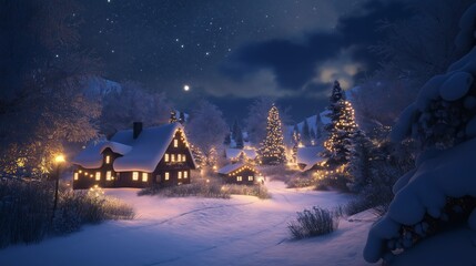 Fototapeta premium A small village is lit up with Christmas lights. Christmas background