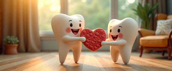 Cheerful cartoon teeth holding heart against cozy home background with copy space