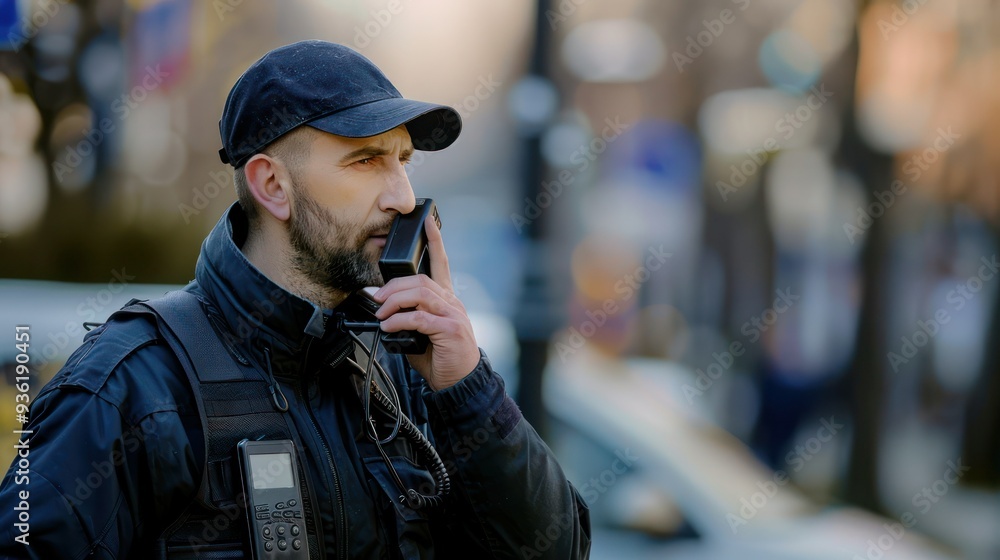 Poster outdoor security guard using a handheld radio to communicate with colleagues.