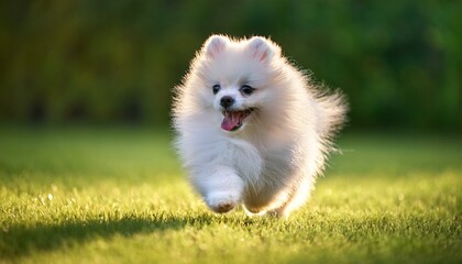 芝生の上を走っているポメラニアンの子犬（Pomeranian puppy running on the grass）
