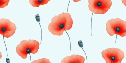 A seamless pattern of poppies in red on a light blue background