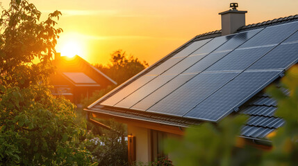 Solar panels on modern home rooftop at sunset, surrounded by green trees, symbolizing sustainable living
