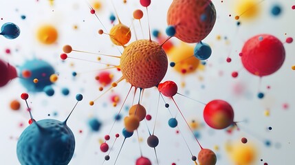 Atomic model-like arrangement of paint orbs connected by fine, colorful strands on white